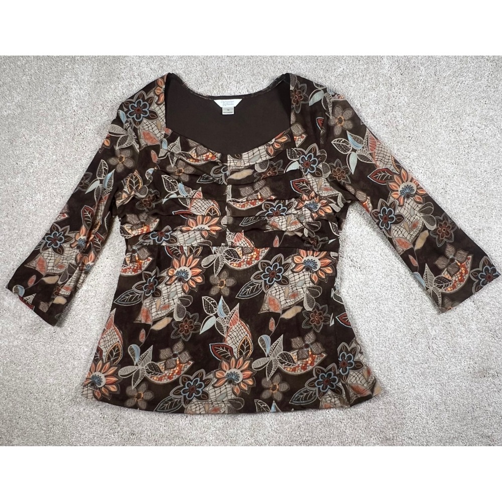 Christopher & Banks Floral Print Top BOHO Brown Orange Blue Square Neck Blouse M